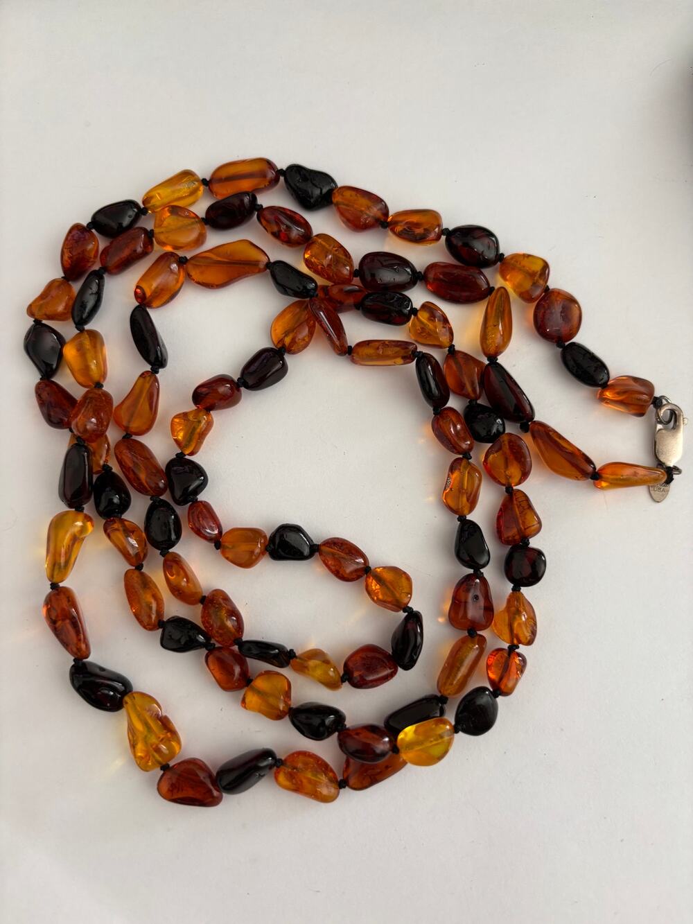 Vintage Amber Long Beaded Necklace Sterling Silver Clasp Signed ZIV 925 USA